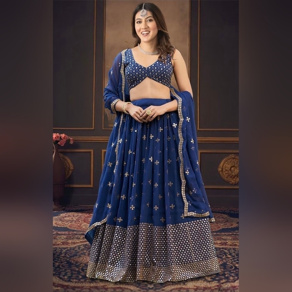 Dark Blue Embroidered Georgette Lehenga Choli Set